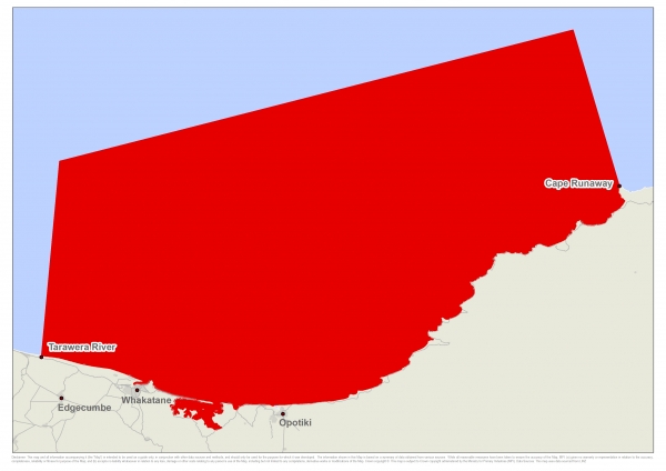 Map of affected area from Whakatane Heads to Cape Runaway