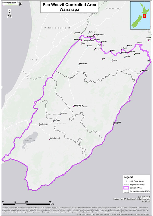 Map: Controlled Area outlined in purple covering all Wairarapa (incl Pahiatua)