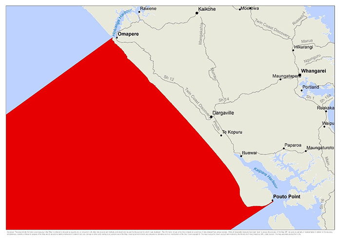 affected area: from south head of Hokianga Harbour to Pouto Point