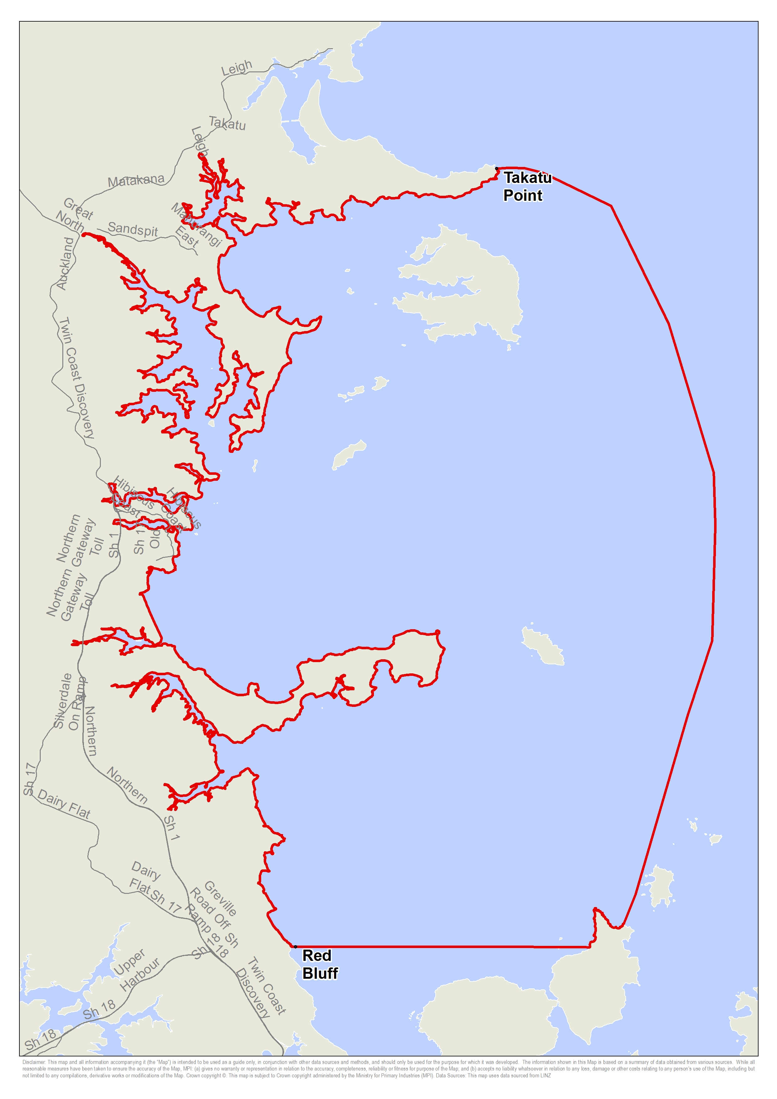 map of Takatu Point south to Toroa Point (Gull Point)