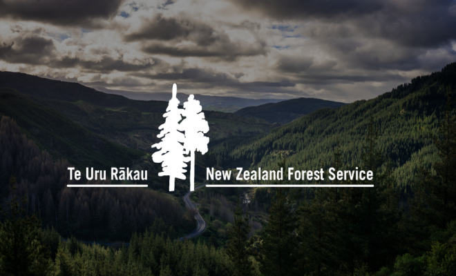 Te Uru Rākau New Zealand Forest Service logo on mountain forest image.