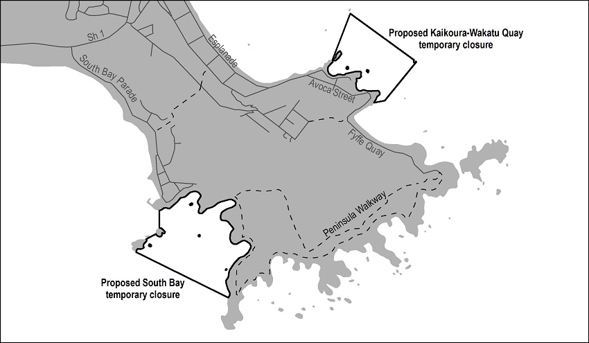  Map for proposed temporary closures at Wakatu Quay and Te Rae o Tawhiti (Mudstone Bay) in South Bay, Kaikōura.