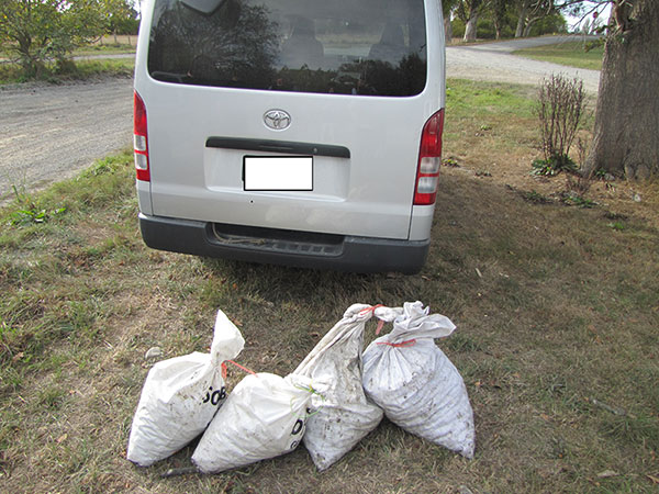back of a silver van and four white sacks on the ground