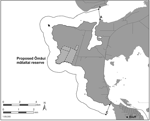 A black and white map showing the boundaries of the proposed Omaui mataitai. The map includes a compass pointer showing north and distance scale indicators in kilometres and nautical miles.