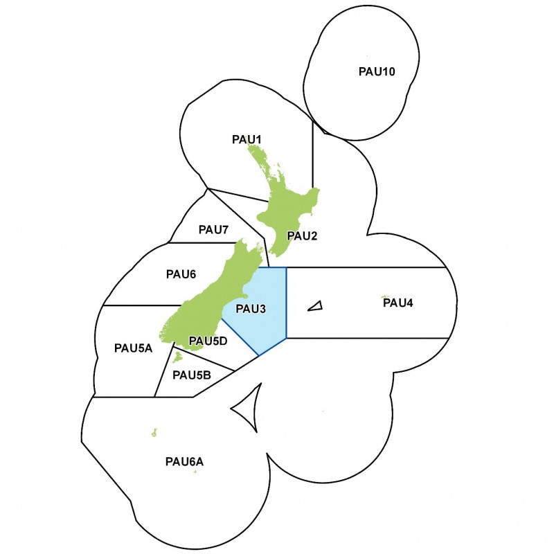 Map of New Zealand showing paua sector boundaries
