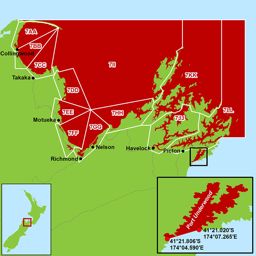 Map showing the areas (in red) that are closed to the taking and possession of scallops for the 2018-19 season