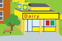 yellow corner dairy building surrounded by grass, a tree and a road