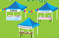 three blue marquees set up as market stalls standing on grass with tables in each selling cakes, cupcakes and homemade goods