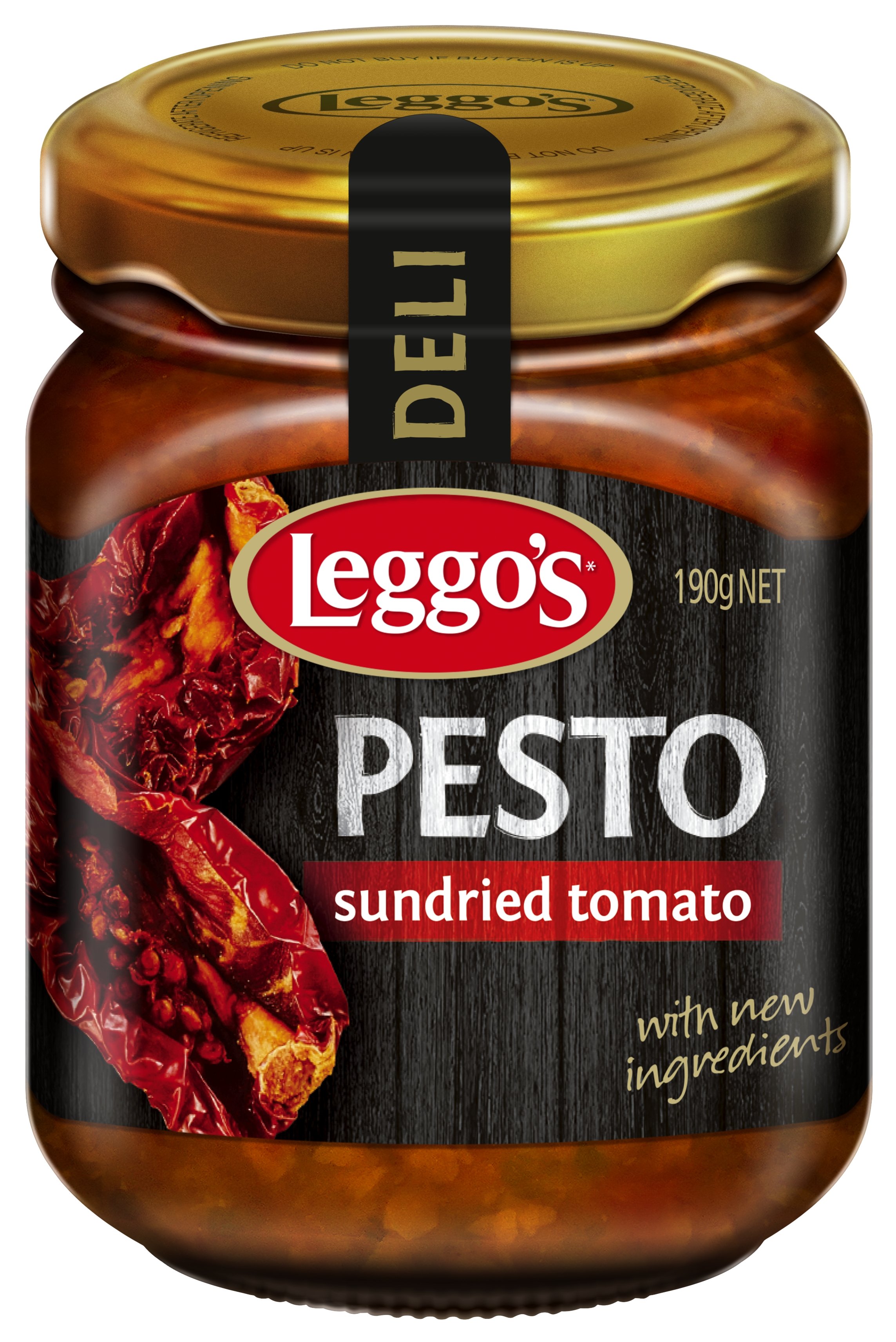 Photo of Leggos Pesto Sundried Tomato in glass jar.