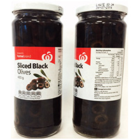 Jar of Woolworths homebrand Sliced black olives