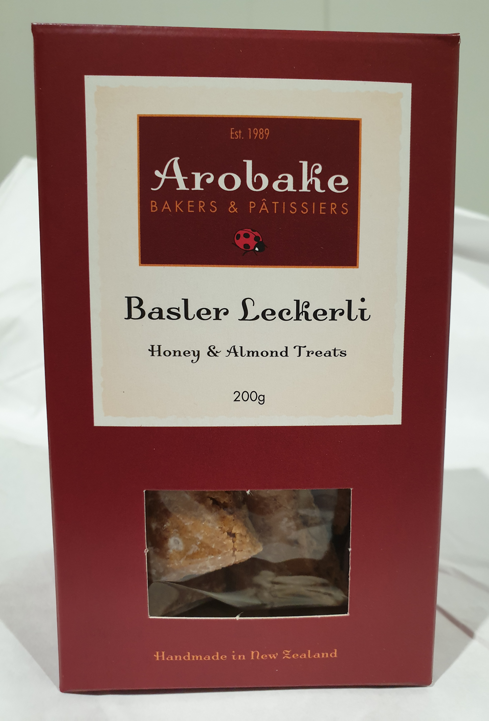 A box of Arobake brand Basler Leckerli Biscuits (200g)
