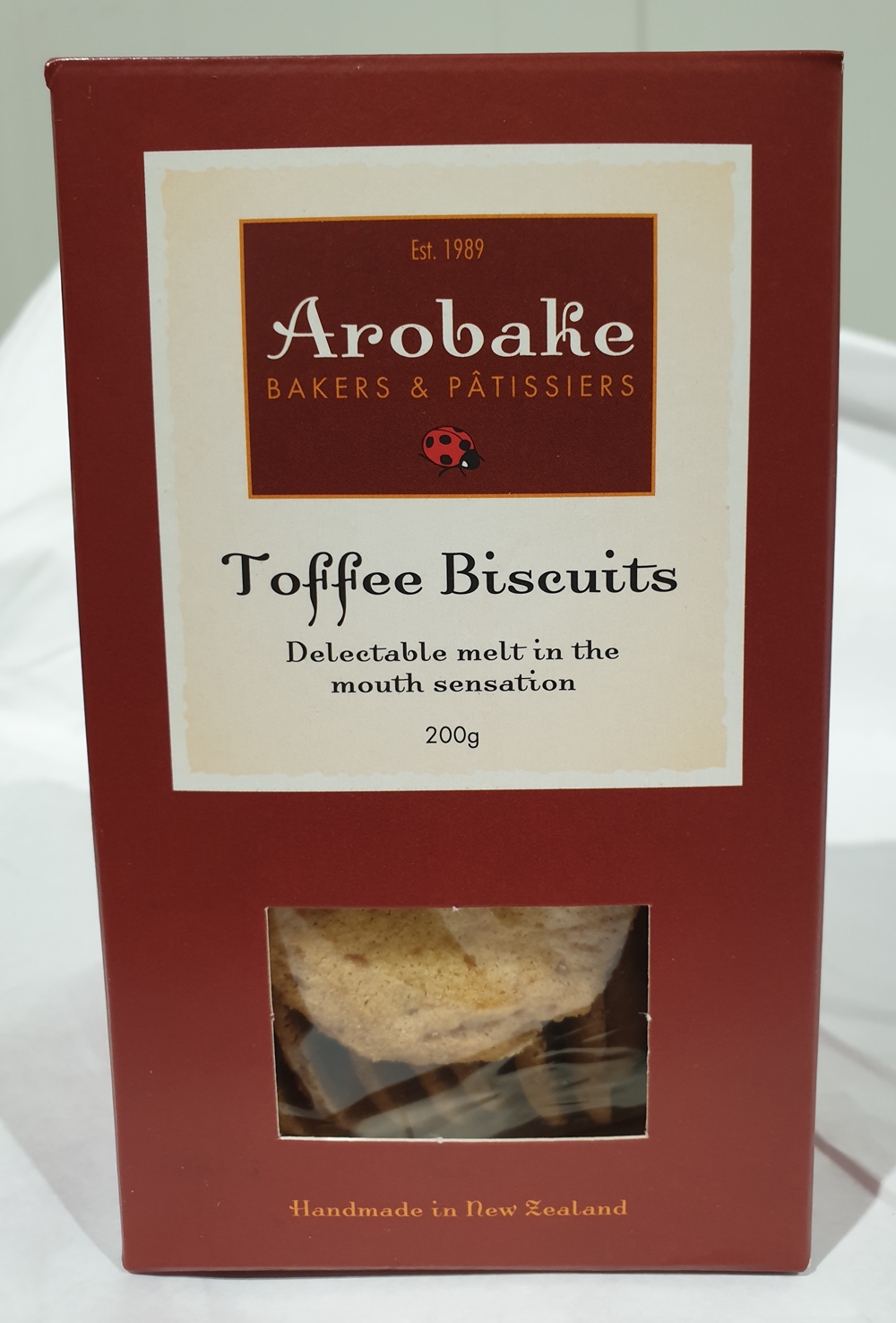 A box of Arobake brand Toffee Biscuits (200g)
