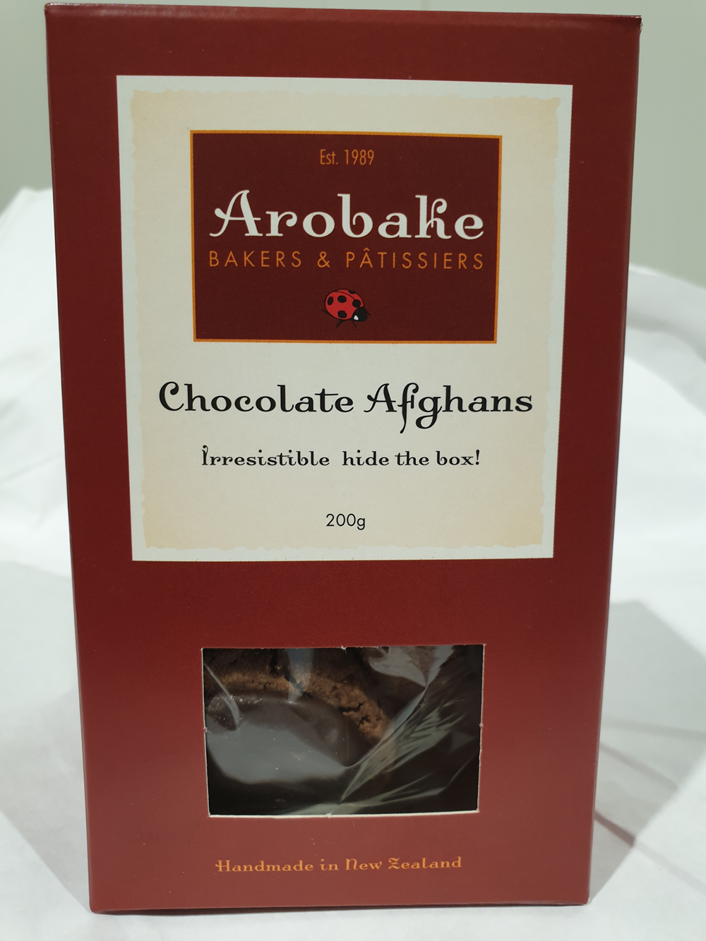 A box of Arobake brand Chocolate Afghans Biscuits (200g).