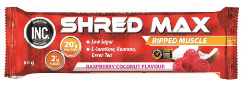 pack of International Nutrition Co. (INC) Shred Max Raspberry Coconut flavour Bar (60g)