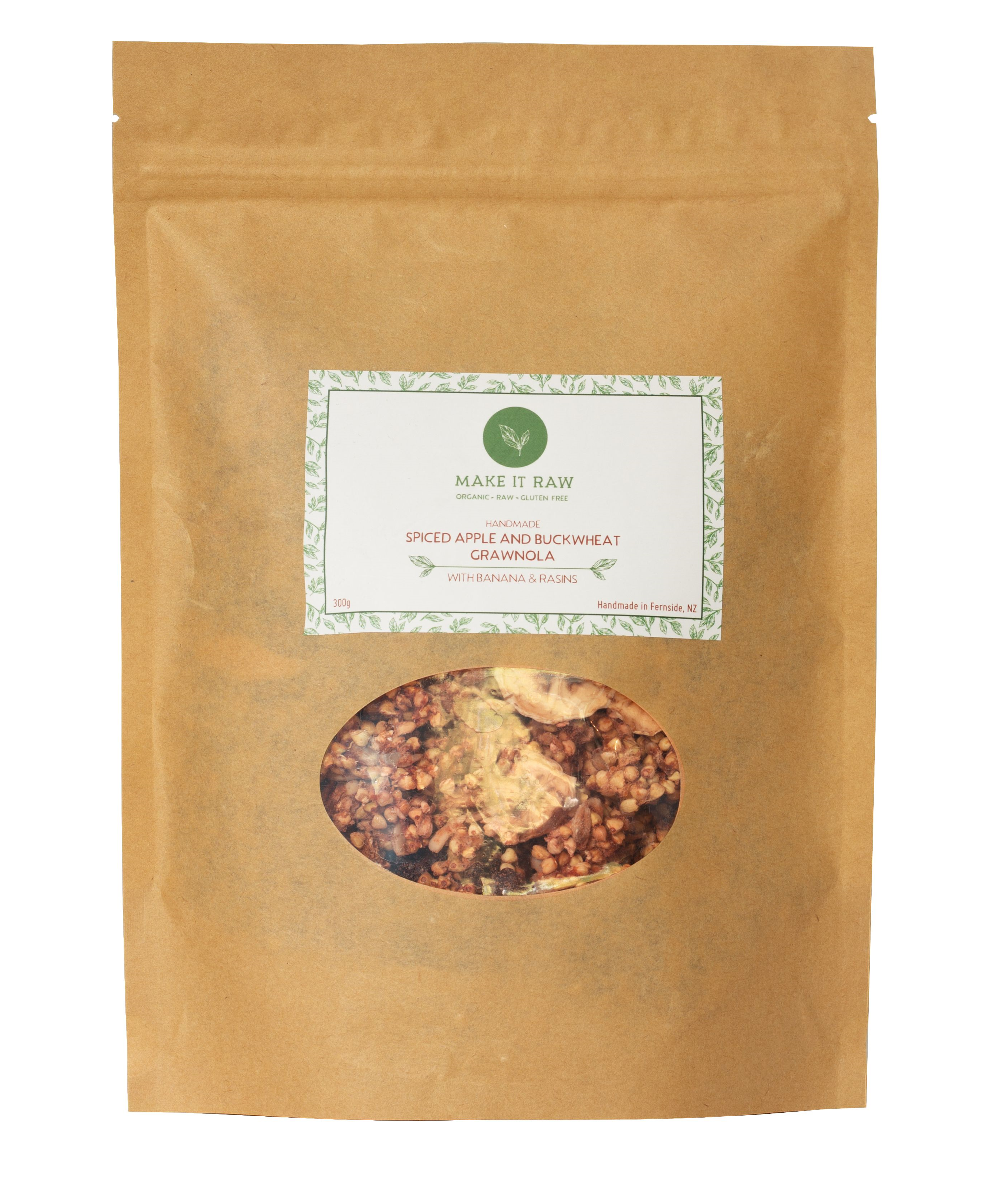 Brown paper package with oval plastic window to show granola.