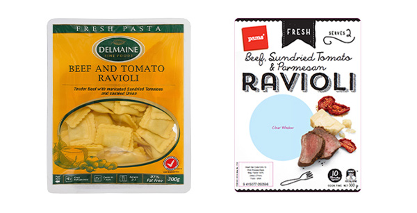 Packets of Delmaine and Pams branded Beef and Tomato Ravioli and Beef Ravioli