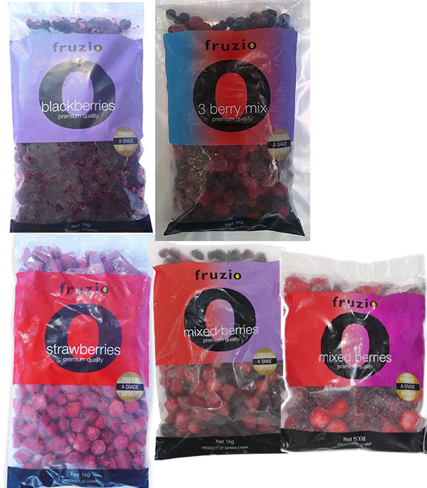Packets of frozen Fruzio berries