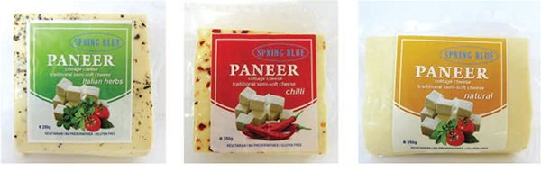 Packets of Spring Blue Paneer in various flavours