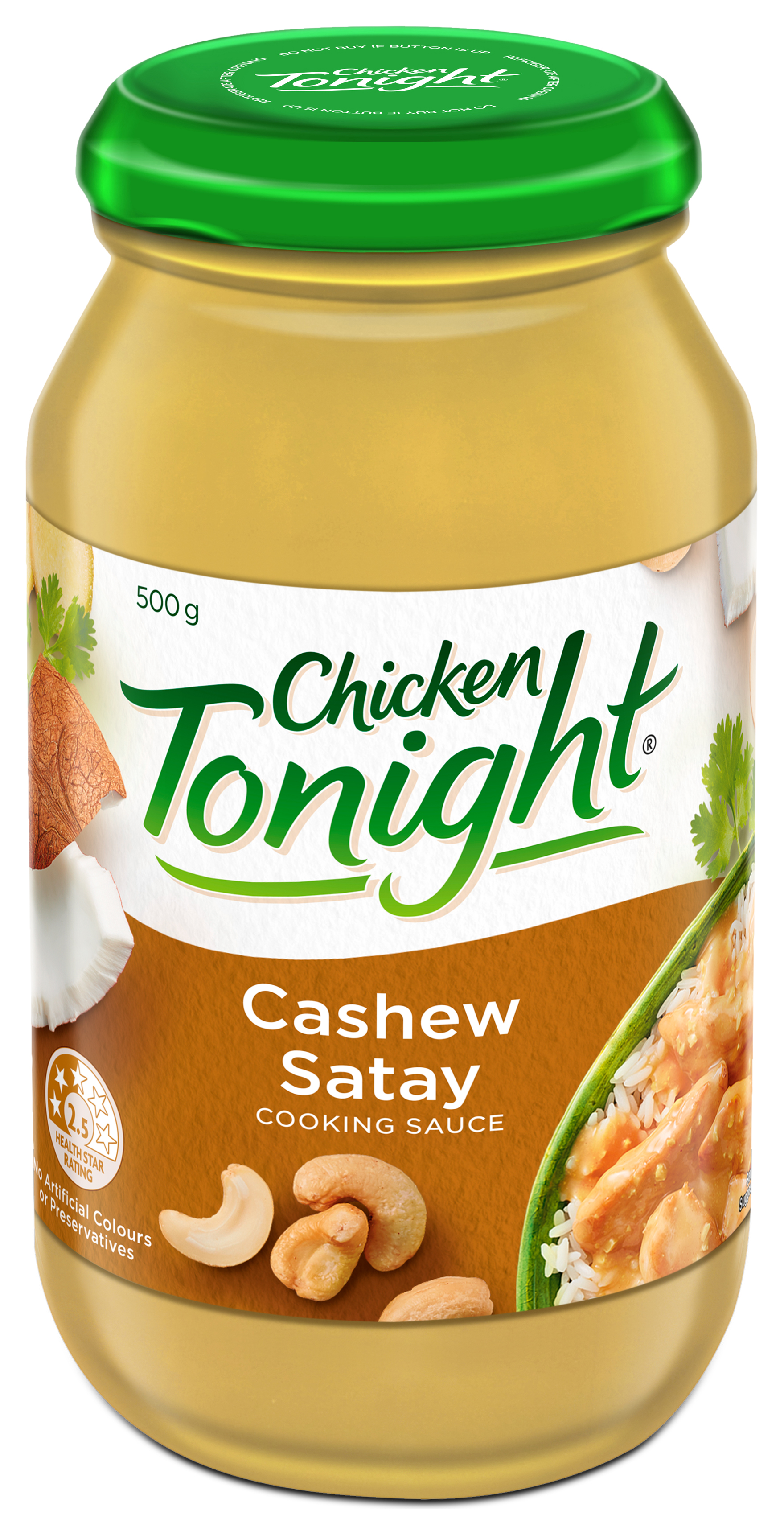 Photo of Chicken Tonight brand Cashew Satay cooking sauce in a glass jar.