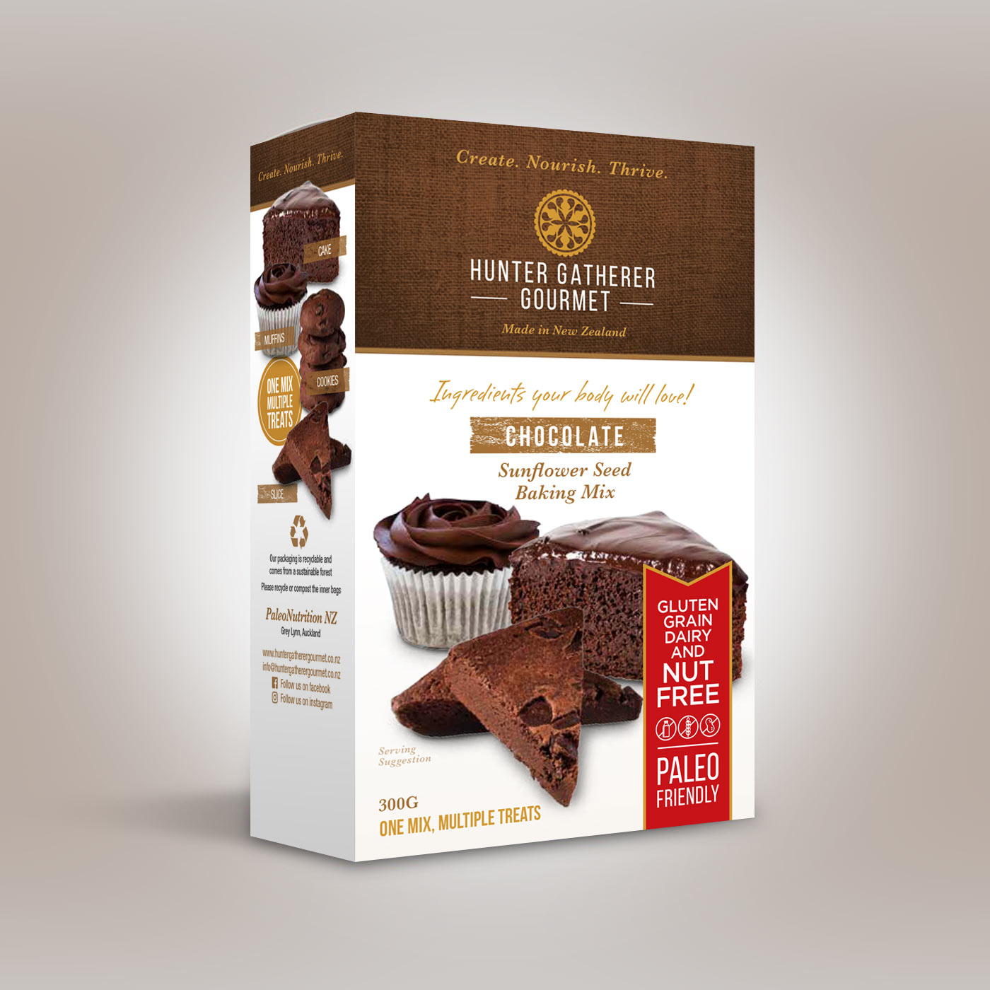 A box of Hunter Gatherer Gourmet brand Chocolate Sunflower Seed Baking Mix (300g).