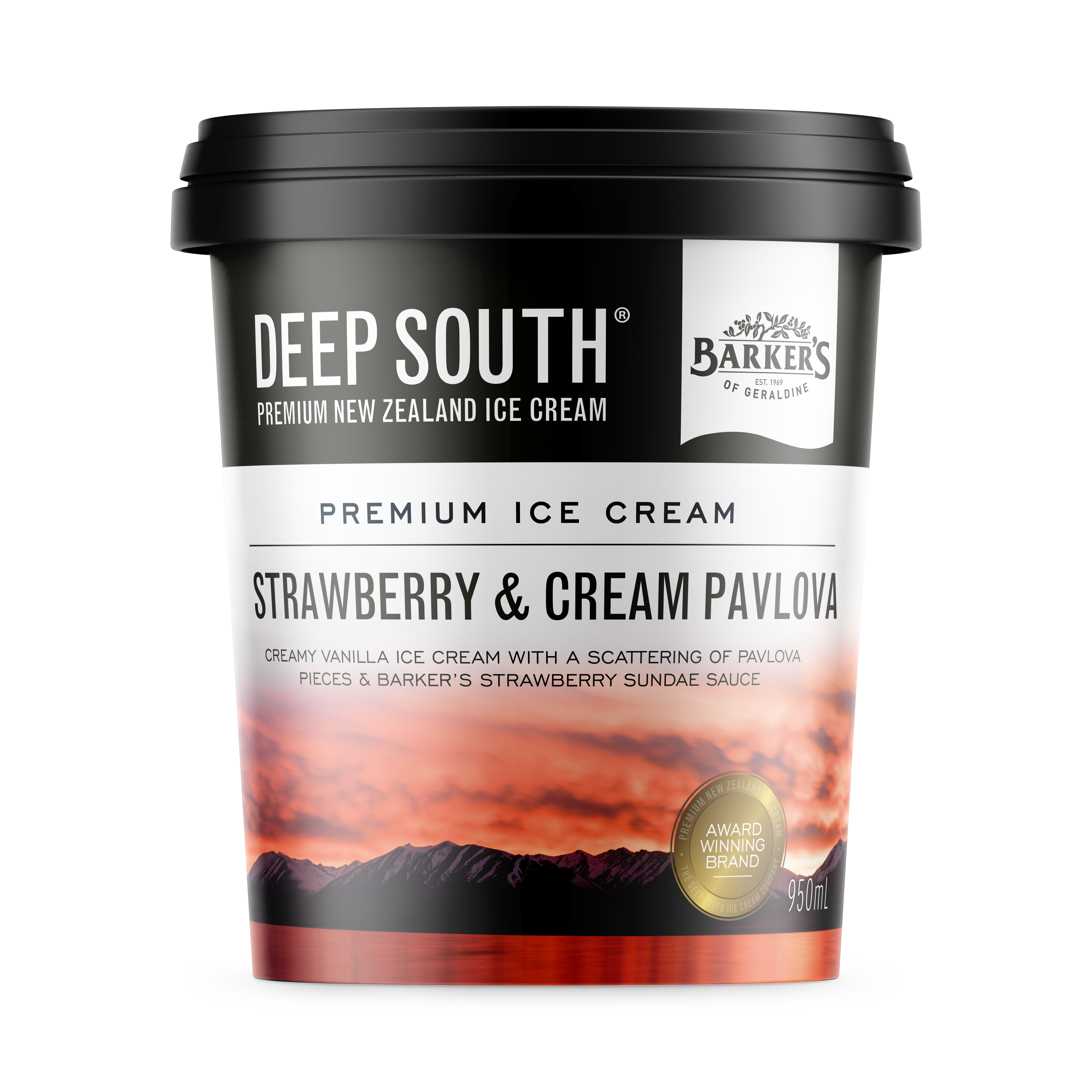 Container of Deep South brand Strawberry & Cream Pavlova Premium Ice Cream (950ml)