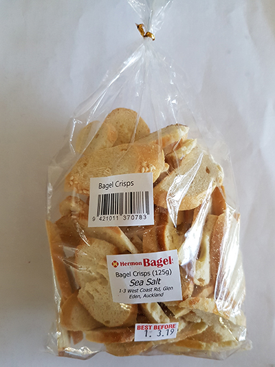 Hermon Bagels brand Sea Salt Bagel Crisps (125g) in clear plastic bag