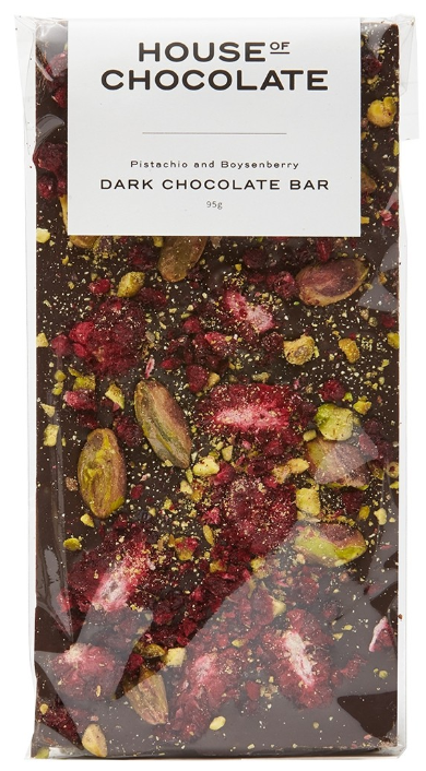 House of Chocolate brand Dark Chocolate Bar Freeze Dried Boysenberry Pistachio (96g)