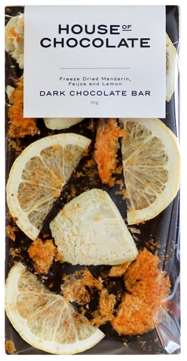 House of Chocolate brand Dark Chocolate Bar Freeze Dried Mandarin Feijoa and Lemon (95g)