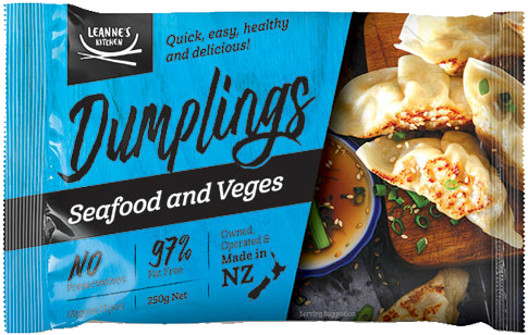 A plastic Pack of Leanne’s Kitchen brand Seafood & Veges Dumplings (250g)