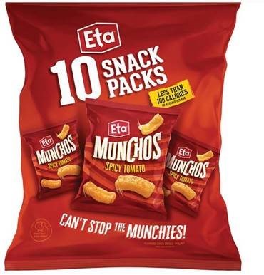 Eta brand Munchos Spicy Tomato 10 Snack Packs (140g). 