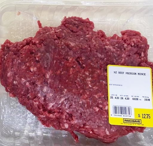 A package of mince in a clear plastic tray, labelled 'NZ beef premium mince'