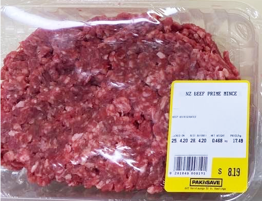 A package of mince in a clear plastic tray, labelled 'NZ beef prime mince'