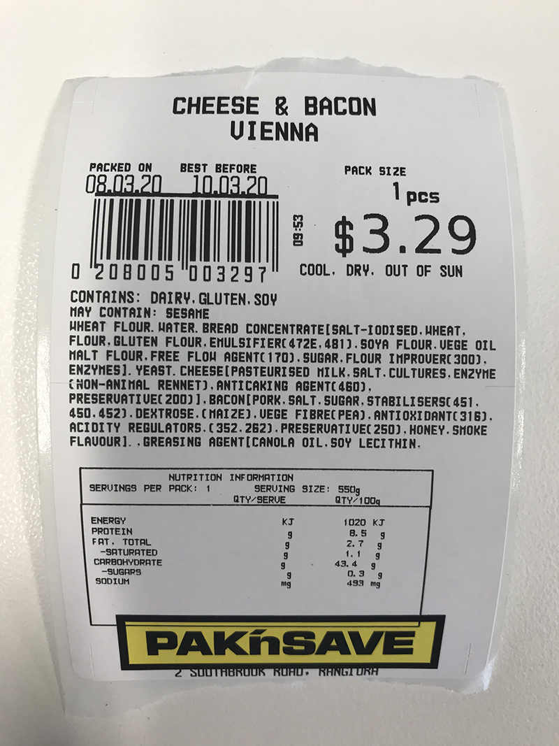Pack of Pak'n Save Rangiora brand Cheese Bacon Vienna (1 PCS)