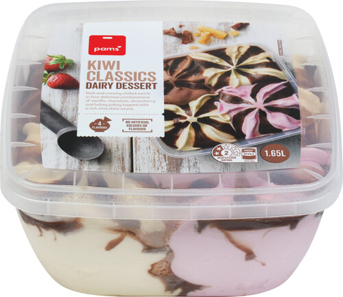 Image of Pams brand Kiwi Classics Dairy Dessert (1.65L) in a plastic container