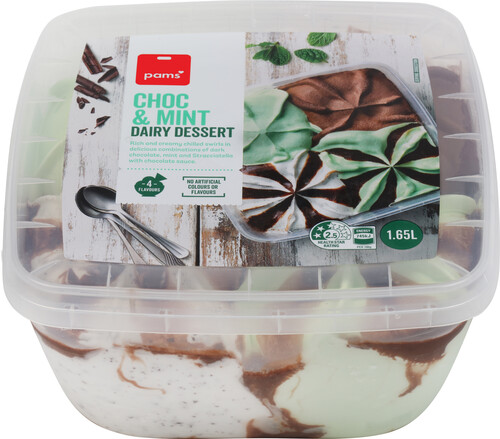 Image of Pams brand Choc and Mint Dairy Dessert (1.65L) in a plastic container