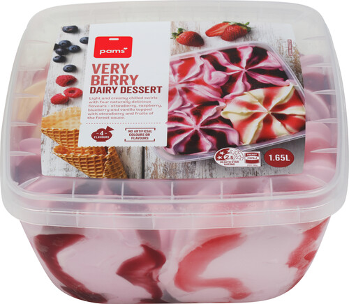 Image of Pams brand Very Berry Dairy Dessert (1.65L) in a plastic container