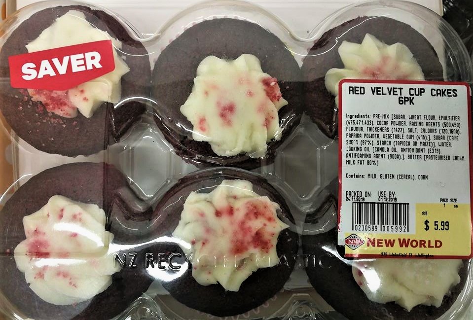 New World Wellington City brand Red Velvet Cup Cakes 6 Pack in a plastic box