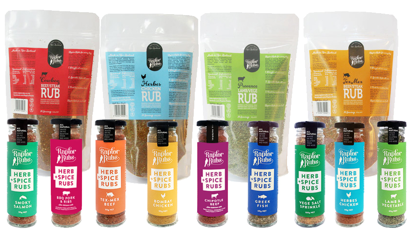 Raptor Rubs brand seasonings in glass jars and plastic packs of various sizes.