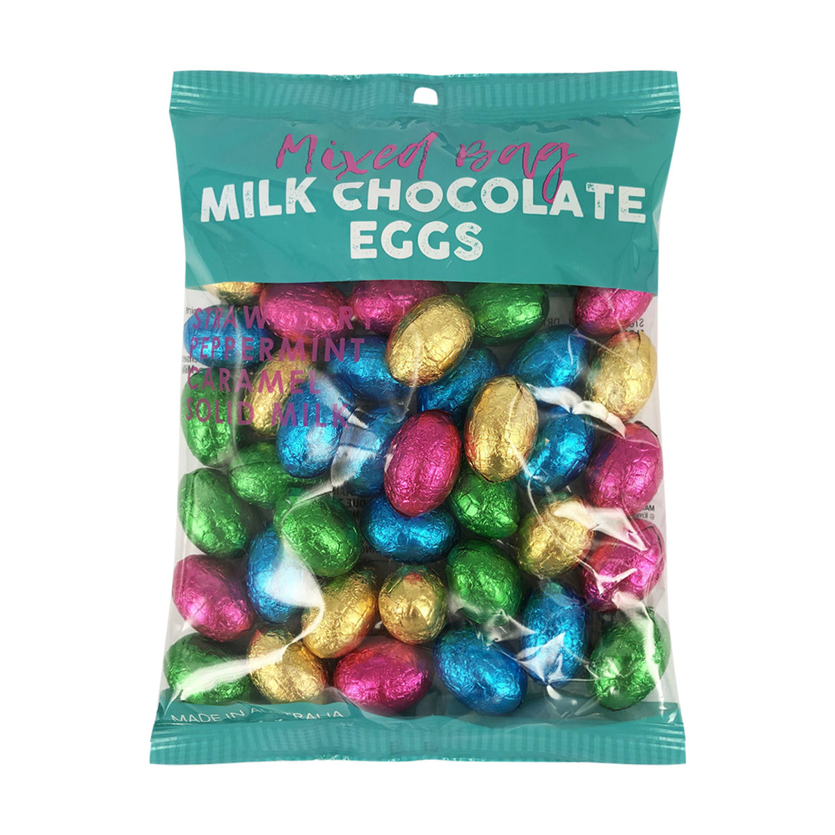 A plastic pack of Kmart brand Mixed Bag Milk Chocolate Eggs (360g)