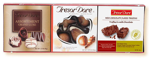 Tresor Dore Triple Pack, including : Tresor Dore  brand Assortment Grand Luxe (46g), Tresor Dore brand Chocolate Seashells (45g), Tresor Dore brand Milk Chocolate Flaked Truffles (45g)