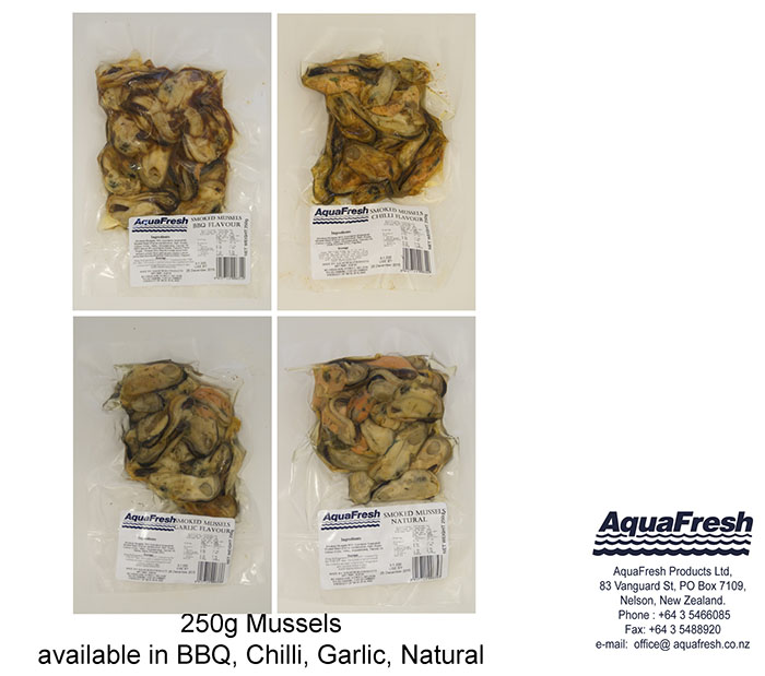 AquaFresh smoked Mussels. Various flavours 250 gram packaging