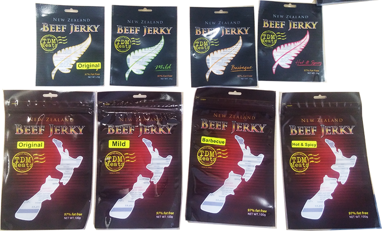 A row of the beef jerky packets from TDM Meats
