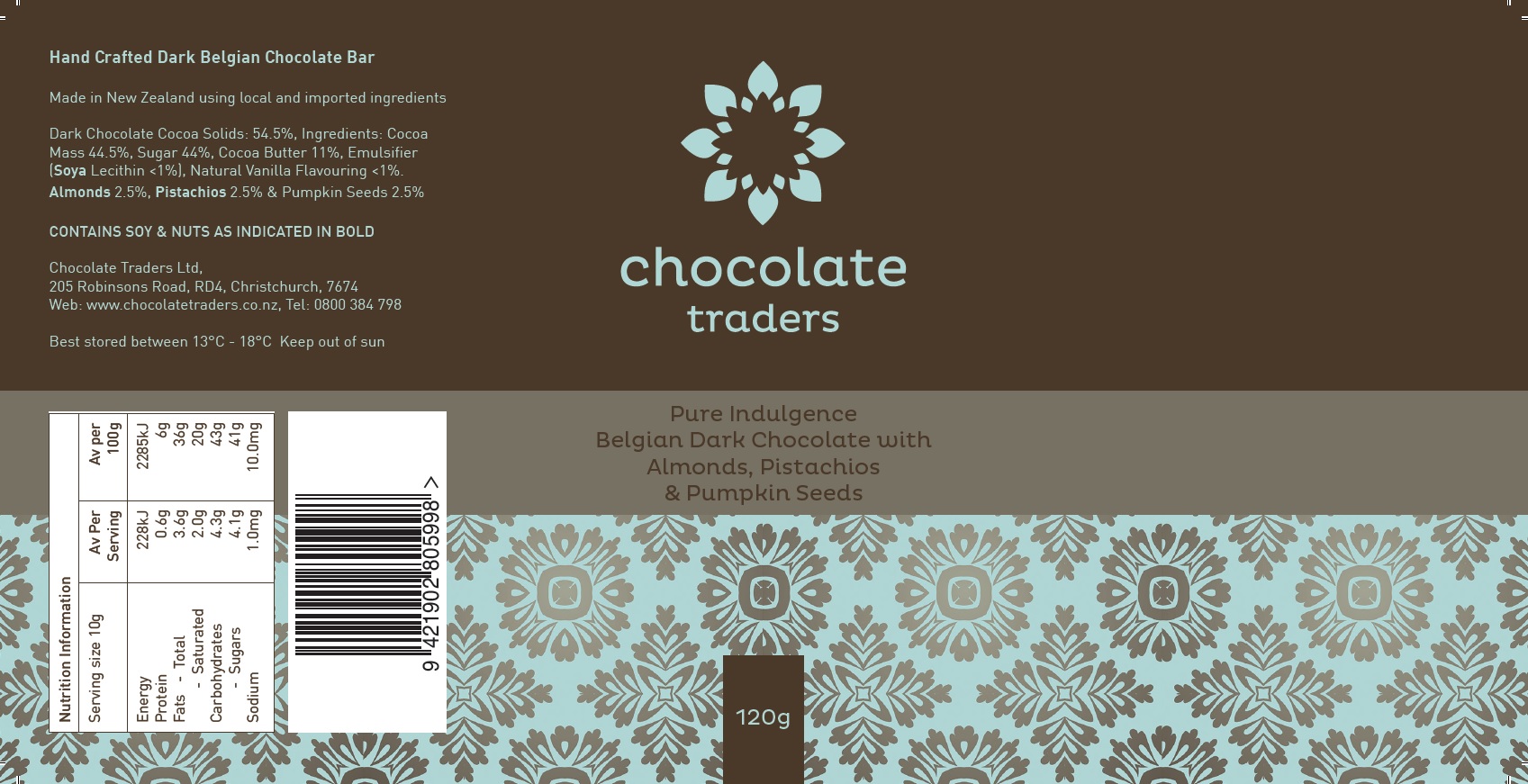 Pure Indulgence Dark Chocolate with Almonds, Pistachios and Pumpkin Seeds (120g)