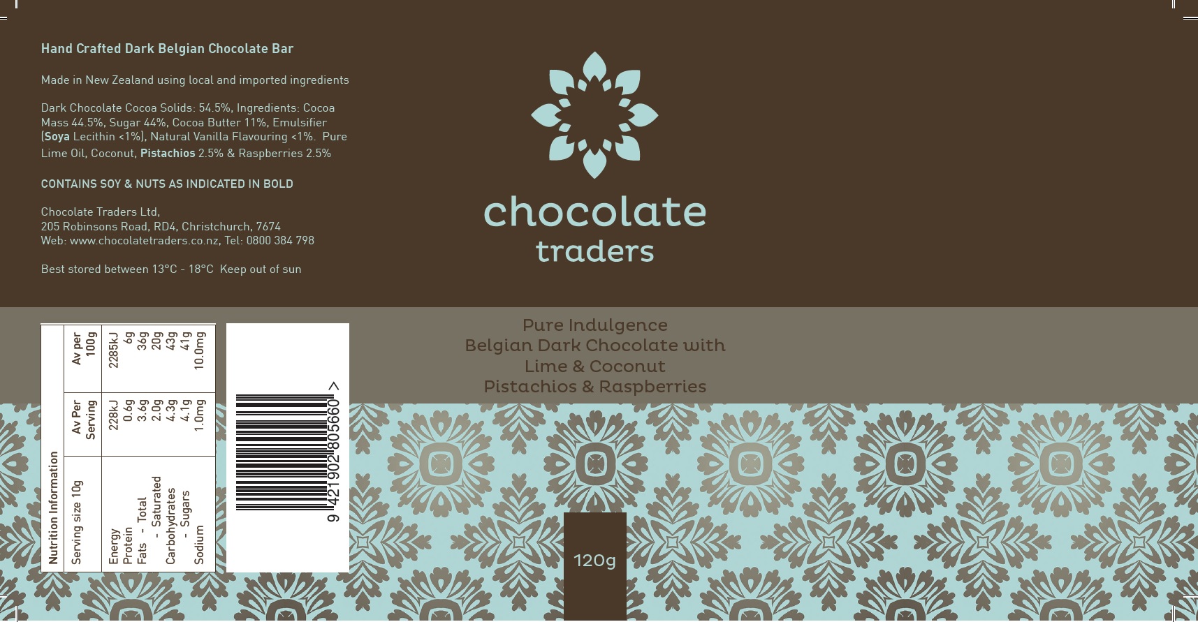 Pure Indulgence Dark Chocolate with Lime and Coconut, Pistachio and Raspberry (120g)
