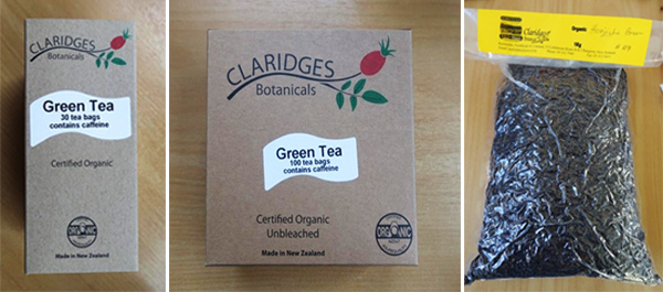 Two boxes of Claridges green tea and a packet of Claridges tea leaves