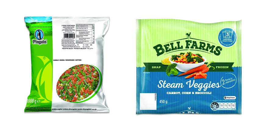 inguin brand 4 Mixed Vegetables (1000 g)and Bell Farms brand Steam Veggie Carrot Corn and Broccoli 3 pack (450 g).