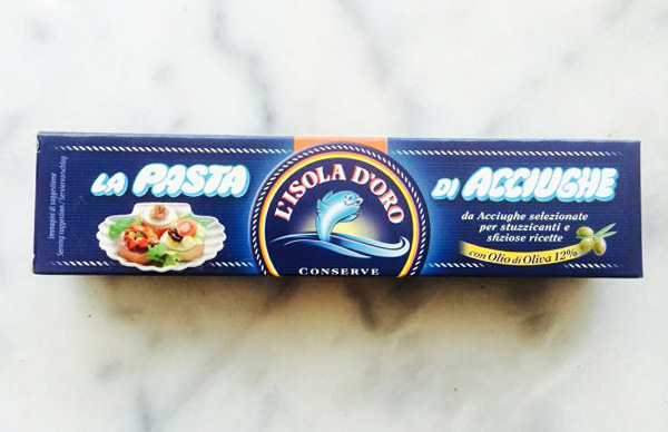 60g box of Isola D’Oro Conserve Ittiche brand La Pasta di Acciughe anchovy paste