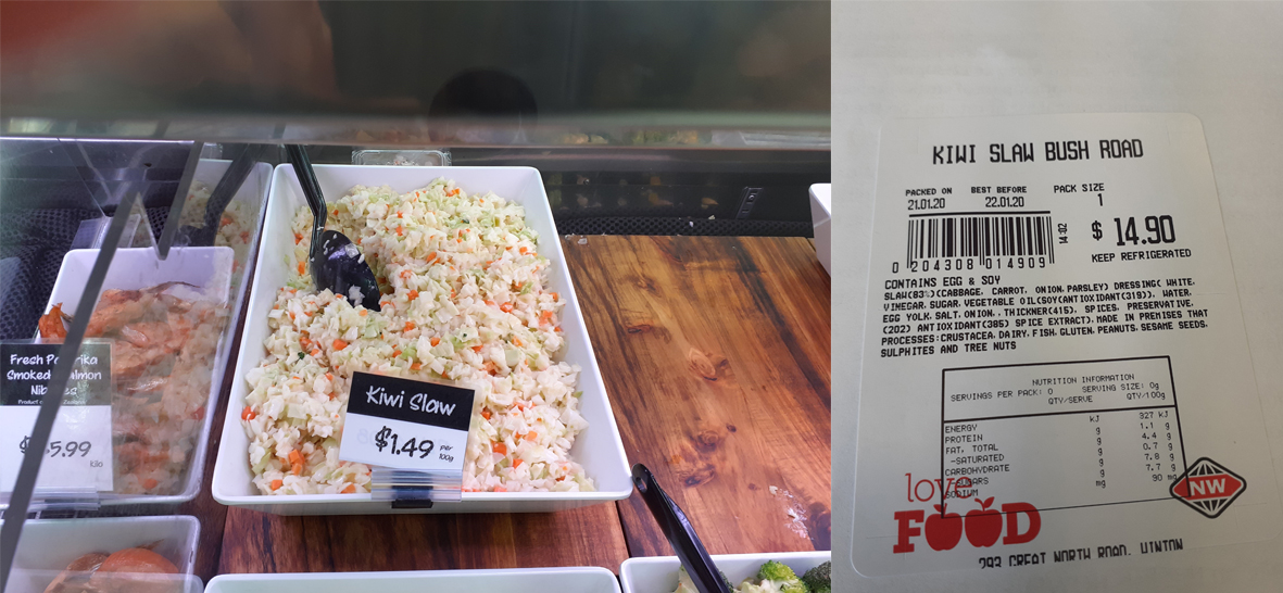 A photo of Bush Road Kiwi Slaw as sold in New World Winton in a plastic container.