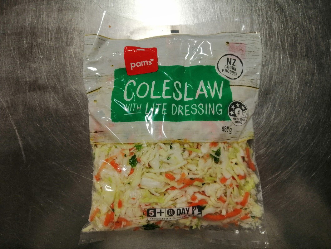 Pams Coleslaw in clear, plastic bag