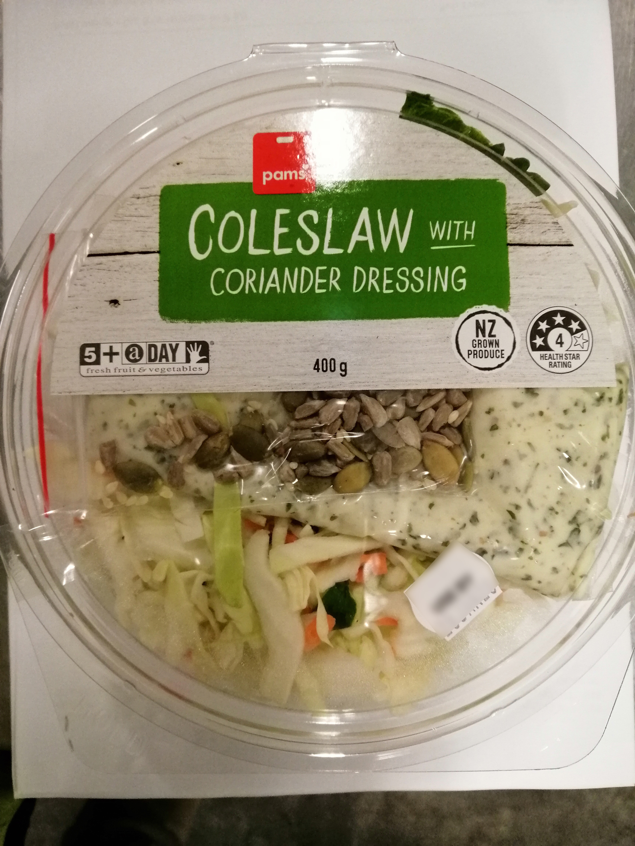 Photo of Pams brand Coleslaw with Coriander Dressing (400g) in a plastic container
